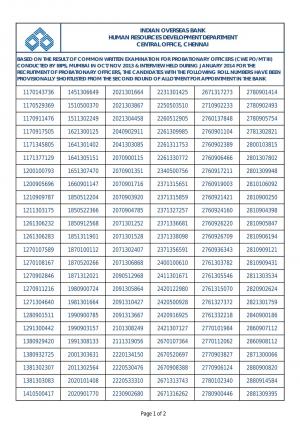 Interview Results Indian Overseas Bank Probationary Officers CWE PO MT III
