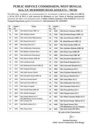 WBPSC Declared Final Result for Motor Vehicles Inspector Post 2015