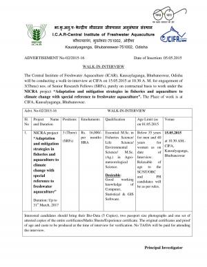 ICAR CIFA Odisha Notified Recruitment for 03 Senior Research Fellow Posts 2015