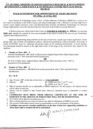 DRDO Delhi Notified Recruitment for 08 JRF Posts 2015