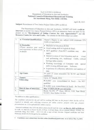 NCERT Notified Recruitment for 02 Junior Research Fellow Posts 2015