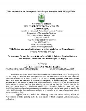 SSCCR Notified Recruitment for 69 Group B & C Posts 2015
