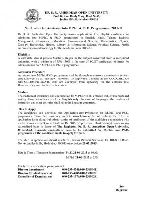 BRAOU, Hyderabad Notified Admission to MPhil & PhD Courses 2015