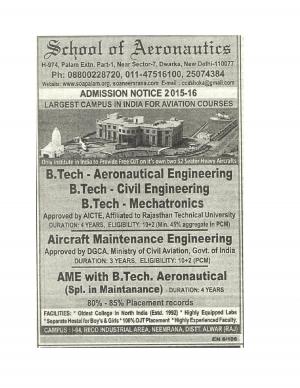 School of Aeronautics Notified Admission for B.Tech and AME Courses 2015-16