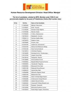 Interview Results Sydicate Bank Probationary Clerks CWE IV