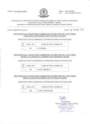 JIPMER Decalred Final Result for Lecturar Posts 2015