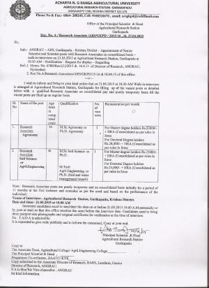 ANGRAU Notified Walk-in Interview for 02 Research Associate Posts 2015