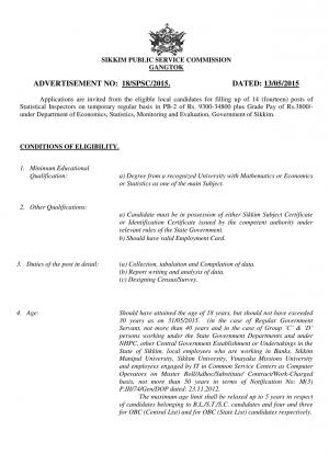 SPSC Notified Recruitment to 14 Statistical Inspector Posts 2015