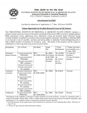 CSIR-CIMAP Notified Recruitment for 44 Scientist & Technician Posts 2015