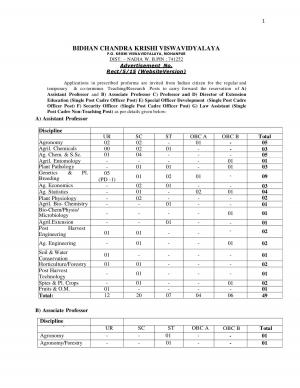 BCKV, West Bengal Notified Recruitment for 104 Teaching Posts 2015