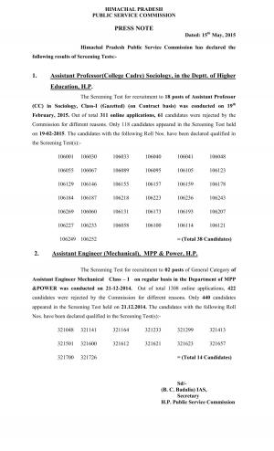 HPPSC Declares Screening Test Result for Assistant Professor & Assistant Engineer Posts 2014