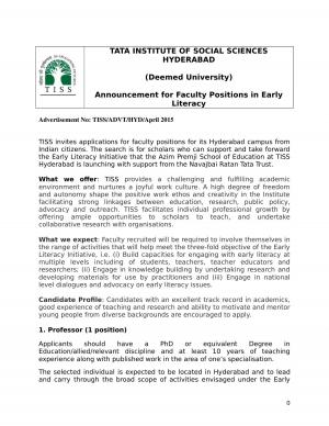 Tata Institute of Social Sciences, Hyderabad Notified Recruitment for 06 Teaching Posts 2015