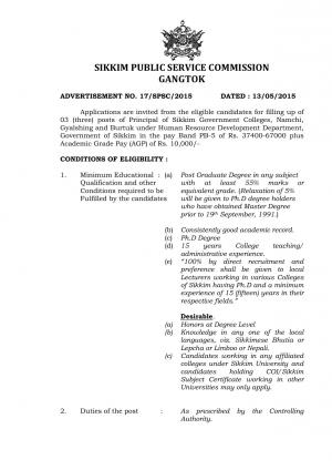 SPSC Notified Recruitment for 03 Principal Post 2015