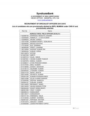 Syndicate Bank Declared Final Result for Specialist Officer Post 2015-16