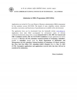 NIT, Jalandhar Notified Admission to MBA Program 2015