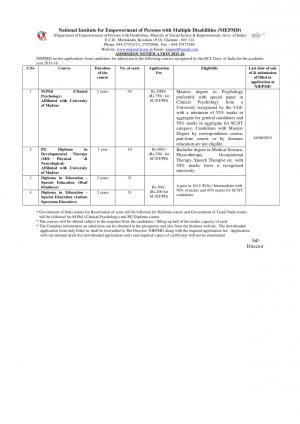 NIEPMD, Chennai Notified Admission to MPhil, Diploma and PG Diploma Courses 2015