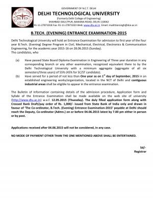 DTU Notified Admission to B.Tech. (Evening) Degree Program 2015