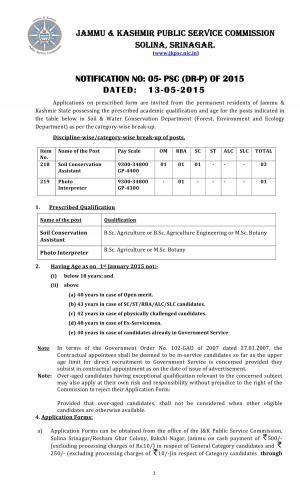 J&K PSC Notified Recruitment for 04 Soil Conservation Assistant & Photo Interpreter Post 2015