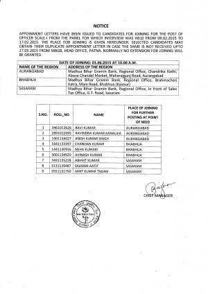 Madhya Bihar Gramin Bank Declared Interview Result for Officer Scale I Posts 2015