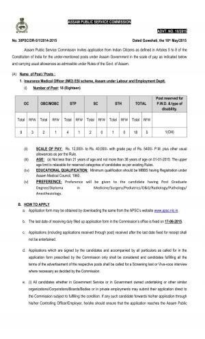 APSC Notified Recruitment to 18 Insurance Medical Officer Posts 2015