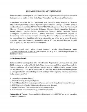 IIG Notified Recruitment for 06 Research Scholars Post 2015