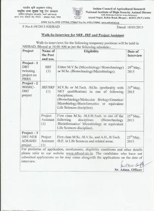 ICAR NIHSAD Notified Walk in Interview for 04 SRF JRF and PA Posts 2015
