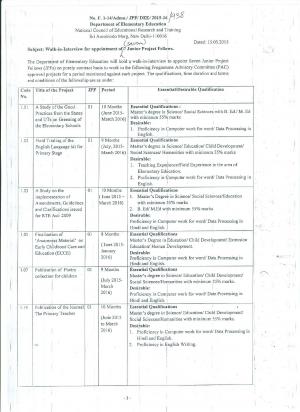 Department of Elementary Education NCERT Notified Recruitment for 07 Project Fellow Posts 2015