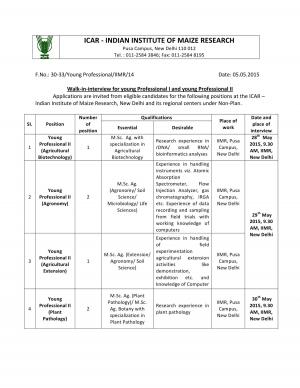 ICAR IIMR Notified Recruitment for 17 Young Professional I and II Posts 2015
