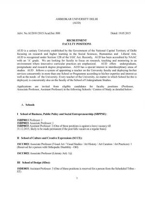 AUD Notified Recruitment for 57 Faculty Posts 2015