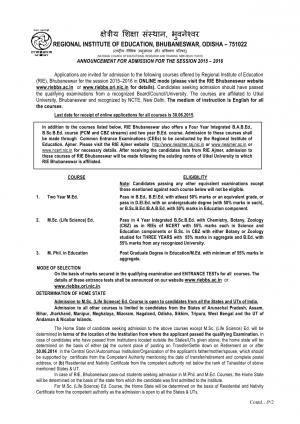 Regional Institute of Education Notified Admission for M.Ed, M.Phil. and M.Sc Courses 2015