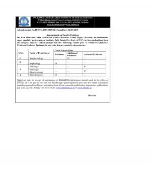 Dr RML Institute of Medical Sciences Notified Recruitment for 05 Teaching Posts 2015
