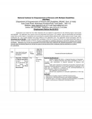 NIEPMD Notified Recruitment for 02 Associate Professor Posts 2015