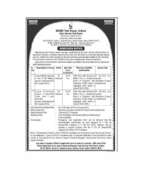 MSME Tool Room, Indore Notified Admission to Diploma and Certificate Courses 2015