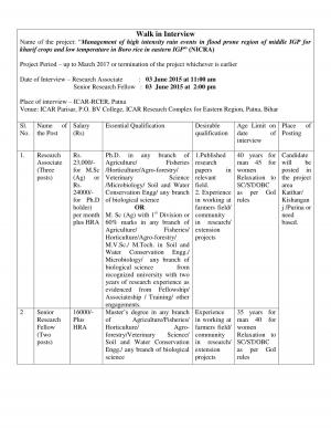 ICAR RCER Patna Notified Walk in Interview for 05 RA and SRF Posts 2015