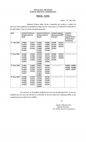 HPPSC Declared Interview Schedule for Various Assistant Professor & Engineer Posts 2015