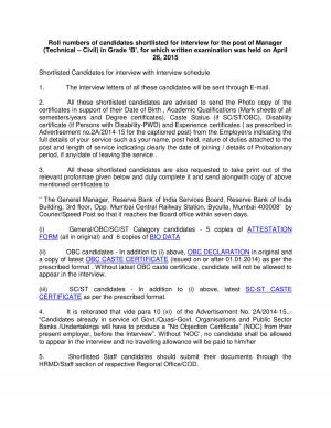 RBI Issued Interview Schedule for Manager Post 2015