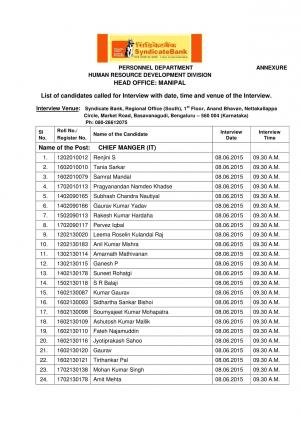 Syndicate Bank Issued Interview Schedule for Managerial and Officers Post 2015