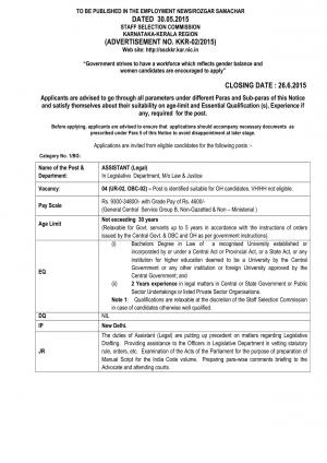 SSCKKR Notified Recruitment for 10 Various Posts 2015