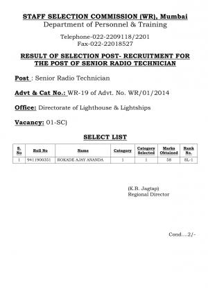SSCWR Declared Interview Result for Senior Radio Technician Post 2015