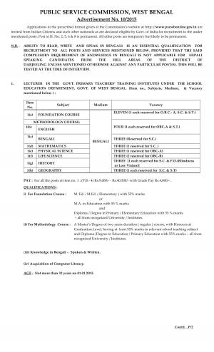 WBPSC Notified Recruitment to 522 Various Posts 2015