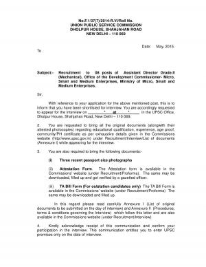 UPSC Declared Interview Schedule for Assistant Director Grade II (Mechanical) Post 2015