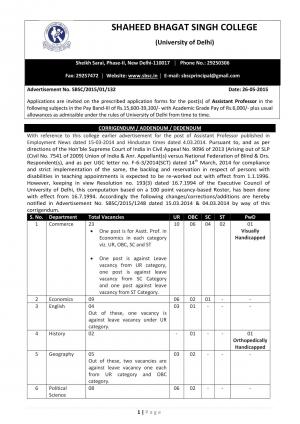 Shaheed Bhagat Singh College Notified Recruitment for 51 Assistant Professor Posts 2015