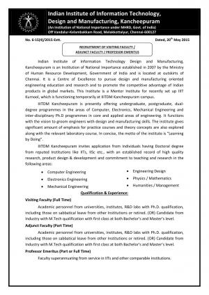 IIITDM Kancheepuram Notified Recruitment for Teaching Posts 2015