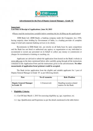 IDBI Notified Recruitment for Deputy General Manager Post 2015