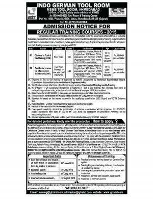Indo German Tool Room Notified Admission for Regular Training Courses 2015