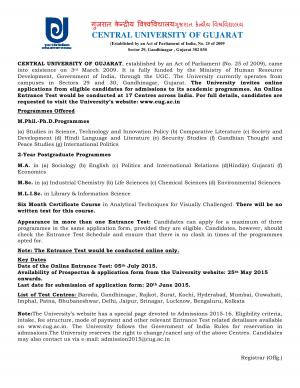 Central University of Gujarat Notified Admission for Academic Programmes for 2015 16