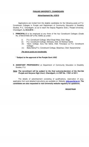 Panjab University Chandigarh Notified Recruitment for 05 Various Posts 2015
