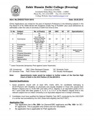 Zakir Husain Delhi College Notified Recruitment for 26 Assistant Professor Posts 2015