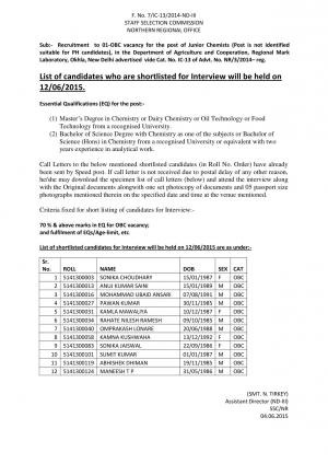SSCNR Issued Interview List for Junior Chemists Posts 2015