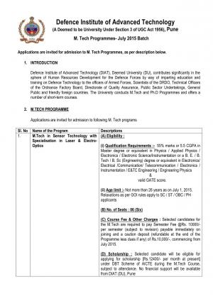 DIAT Notified Admission for MTech Programmes 2015
